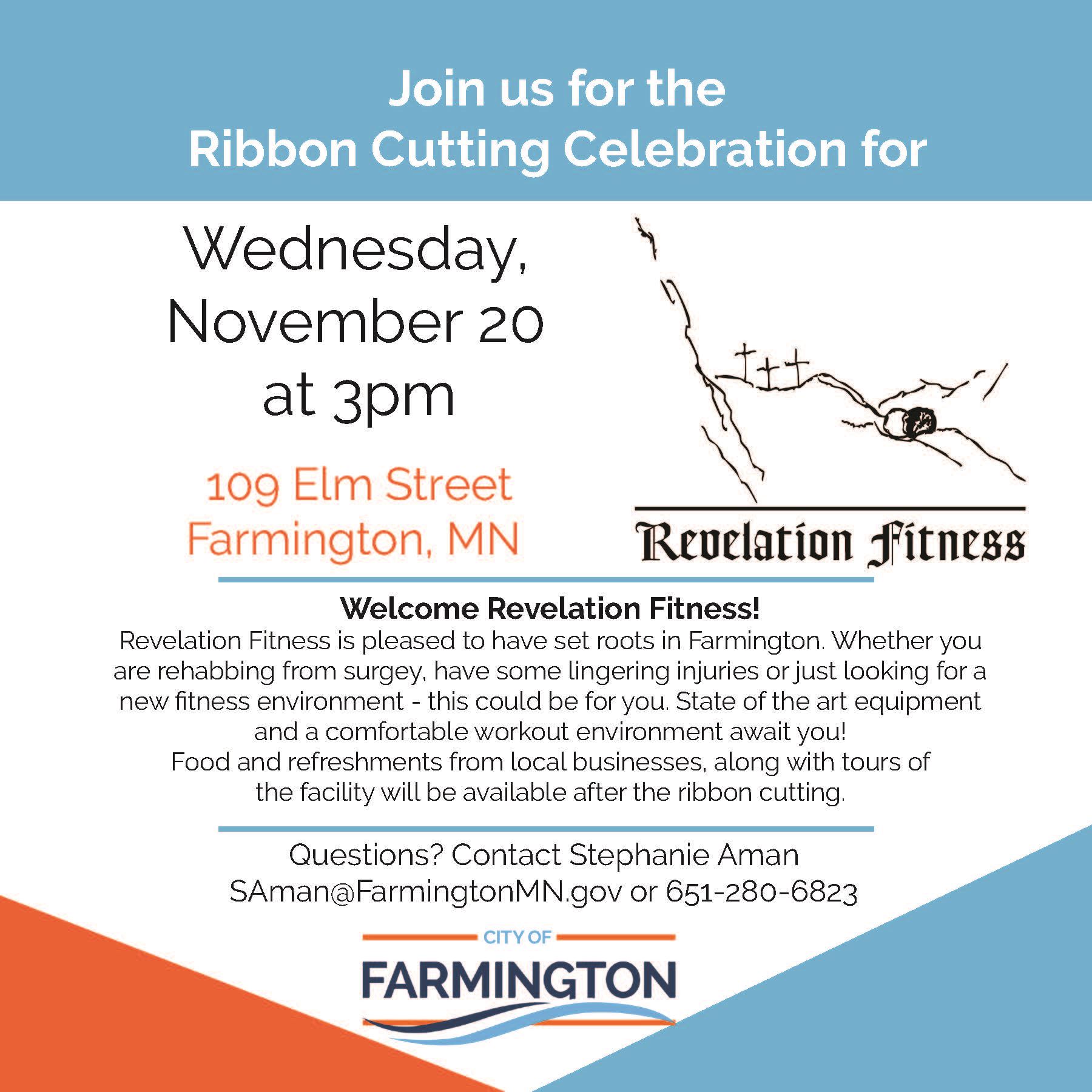Revelation Fitness Ribbon Cutting Invitation Wed, Nov. 20 at 3 pm at 109 Elm Street