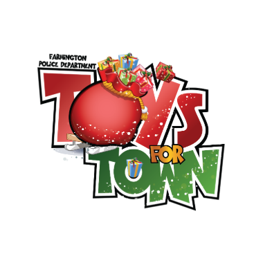 Toys for Town logo with O in Toys a red bag full of gifts and a present in the O in Town