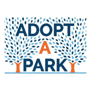 Adopt-a-Park sign illustration with two trees and leaves surrounding the letters