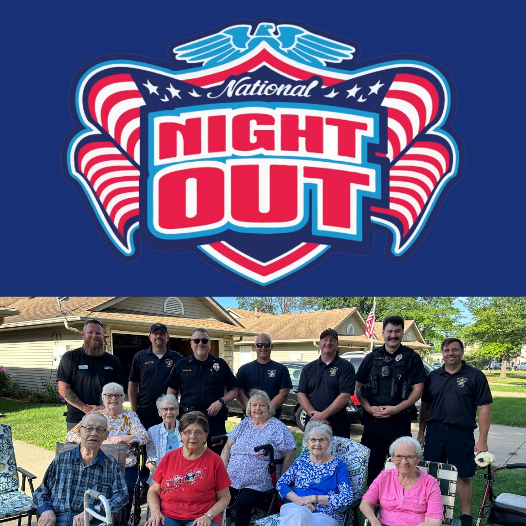 National Night Out logo with image of police, fire, the mayor and a group of neighbors