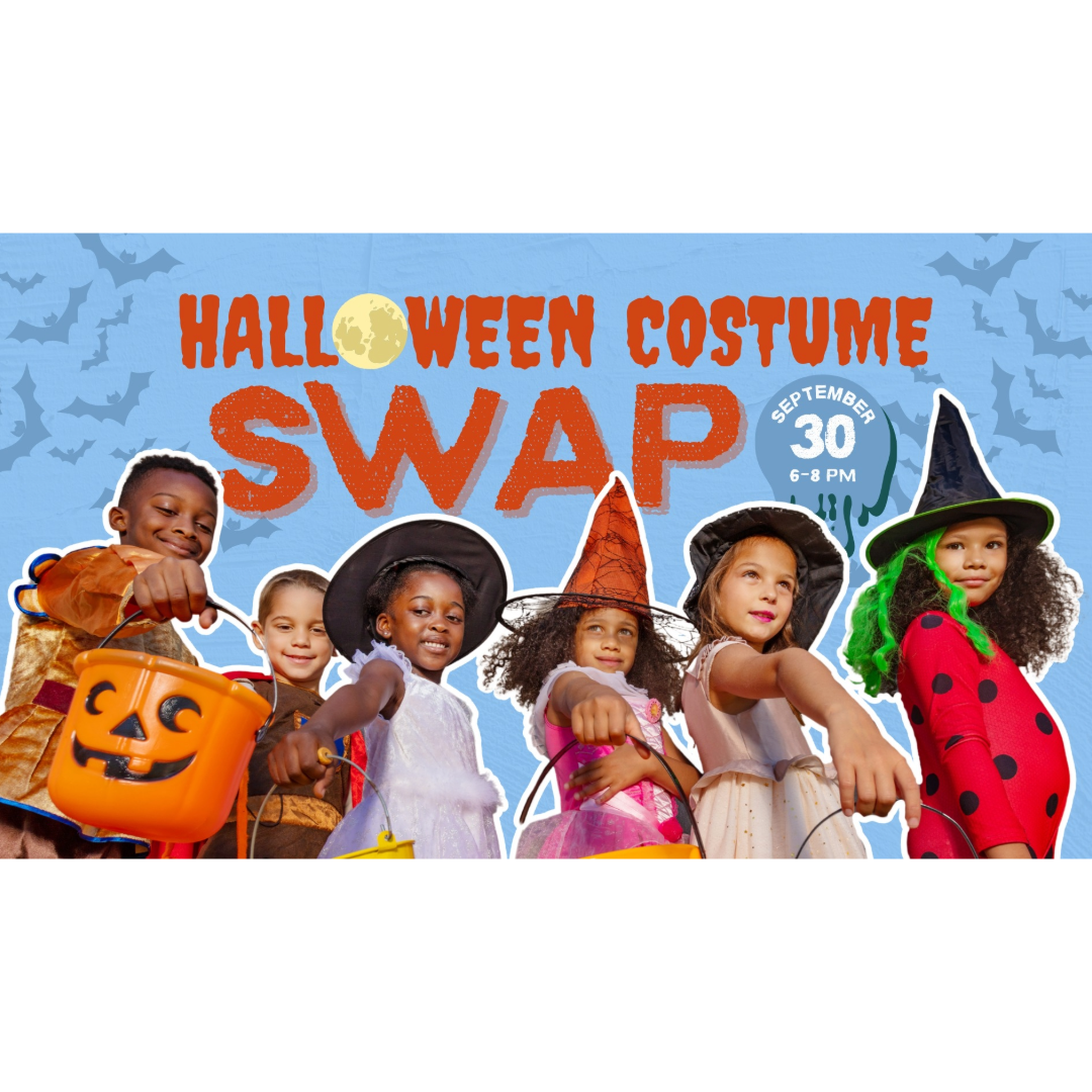 Halloween Costume Swap with kids in Halloween costumes holding candy buckets