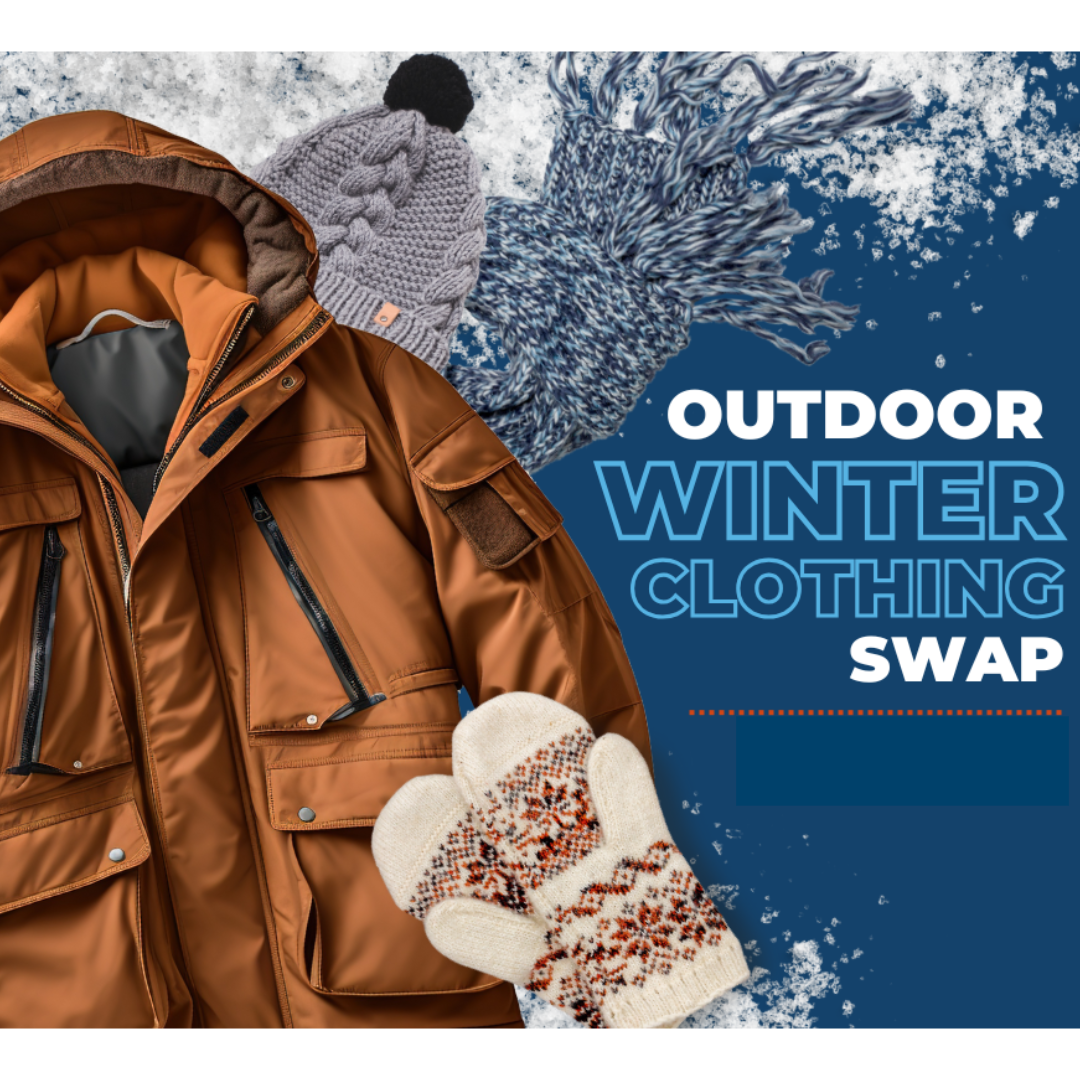 Outdoor Winter Clothing Swap with a coat, mittens, scarf and beanie