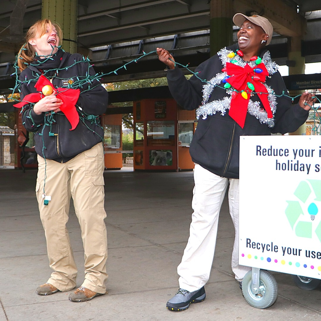 Two people wrapped in Holiday Lights next to a collection bin