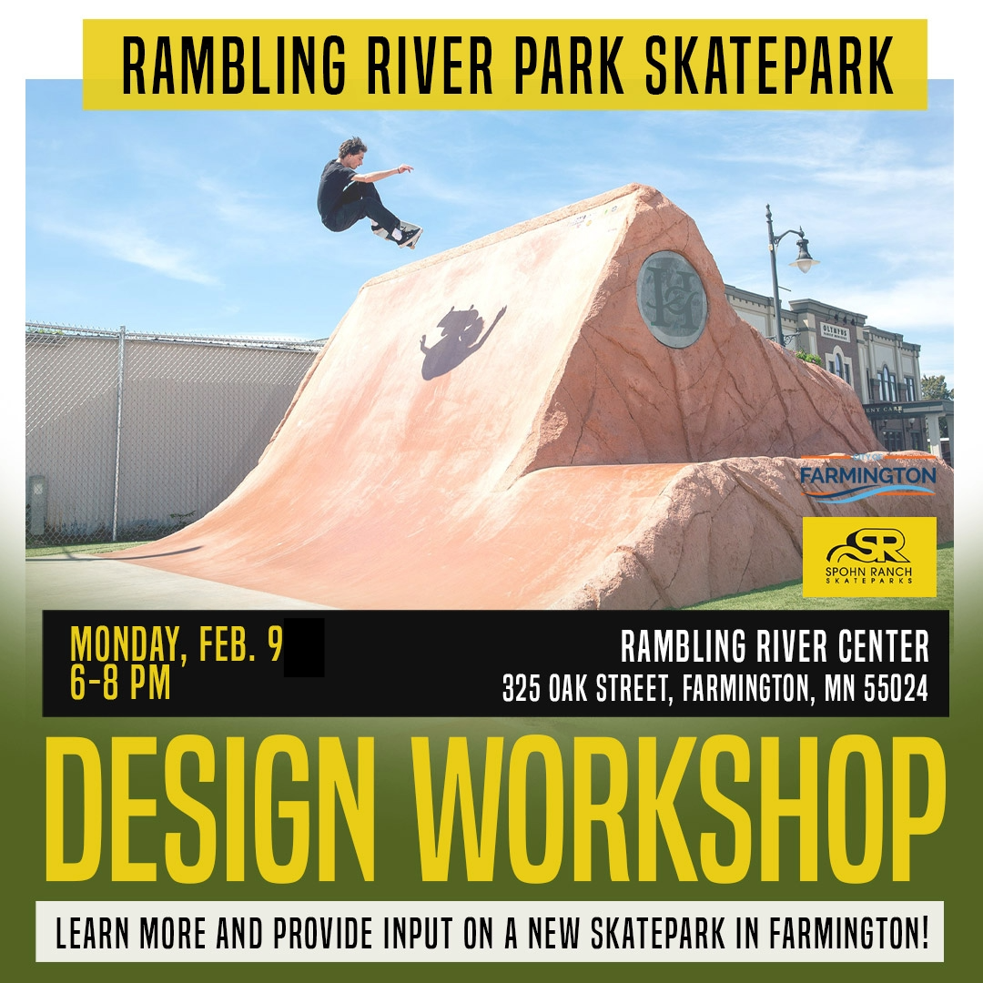 Skatepark Design Workshop Monday, Feb 9 at Rambling River Center with a skater on a ramp