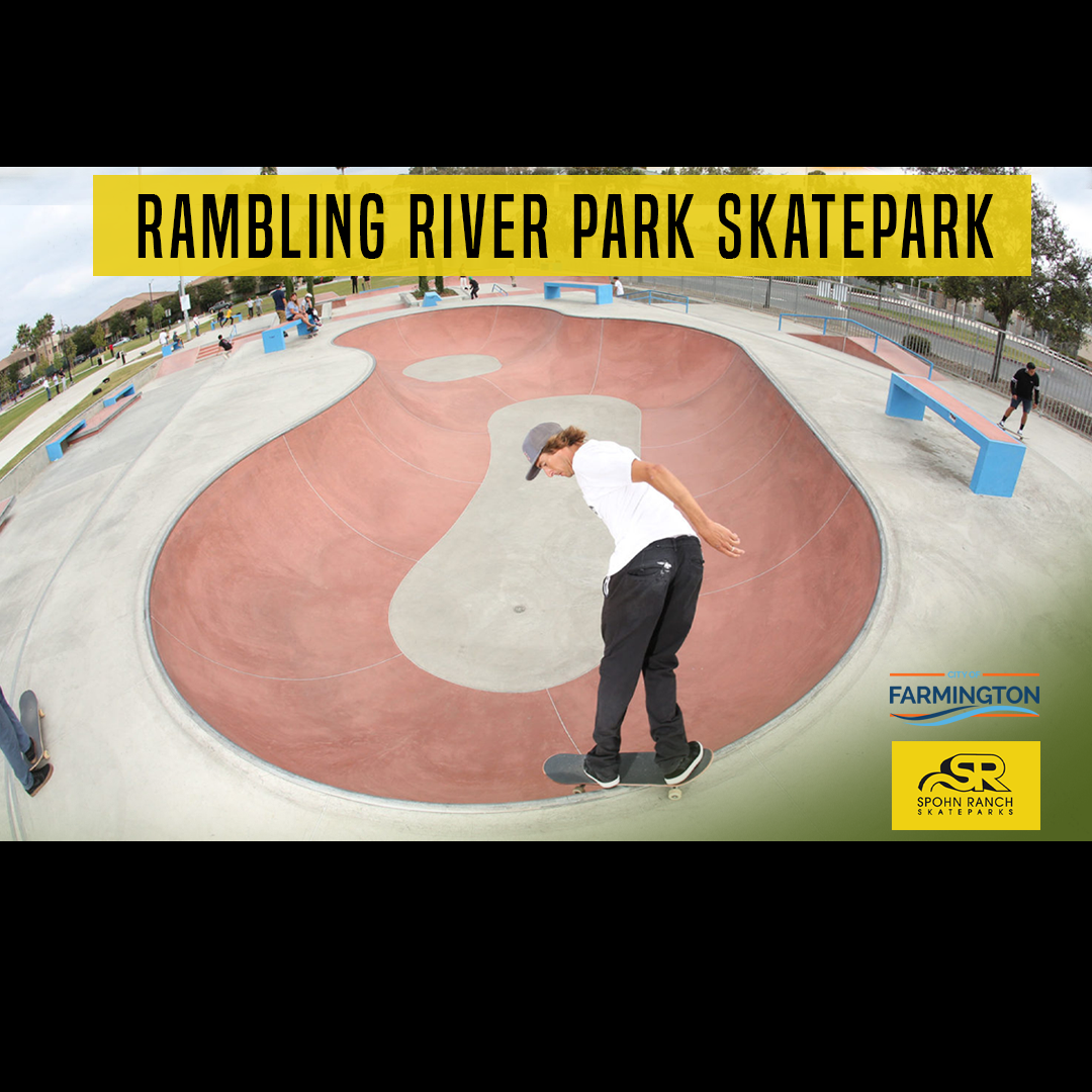 A person skateboarding in a conceptual skatepark. Logos for City of Farmington and Spohn Ranch. 