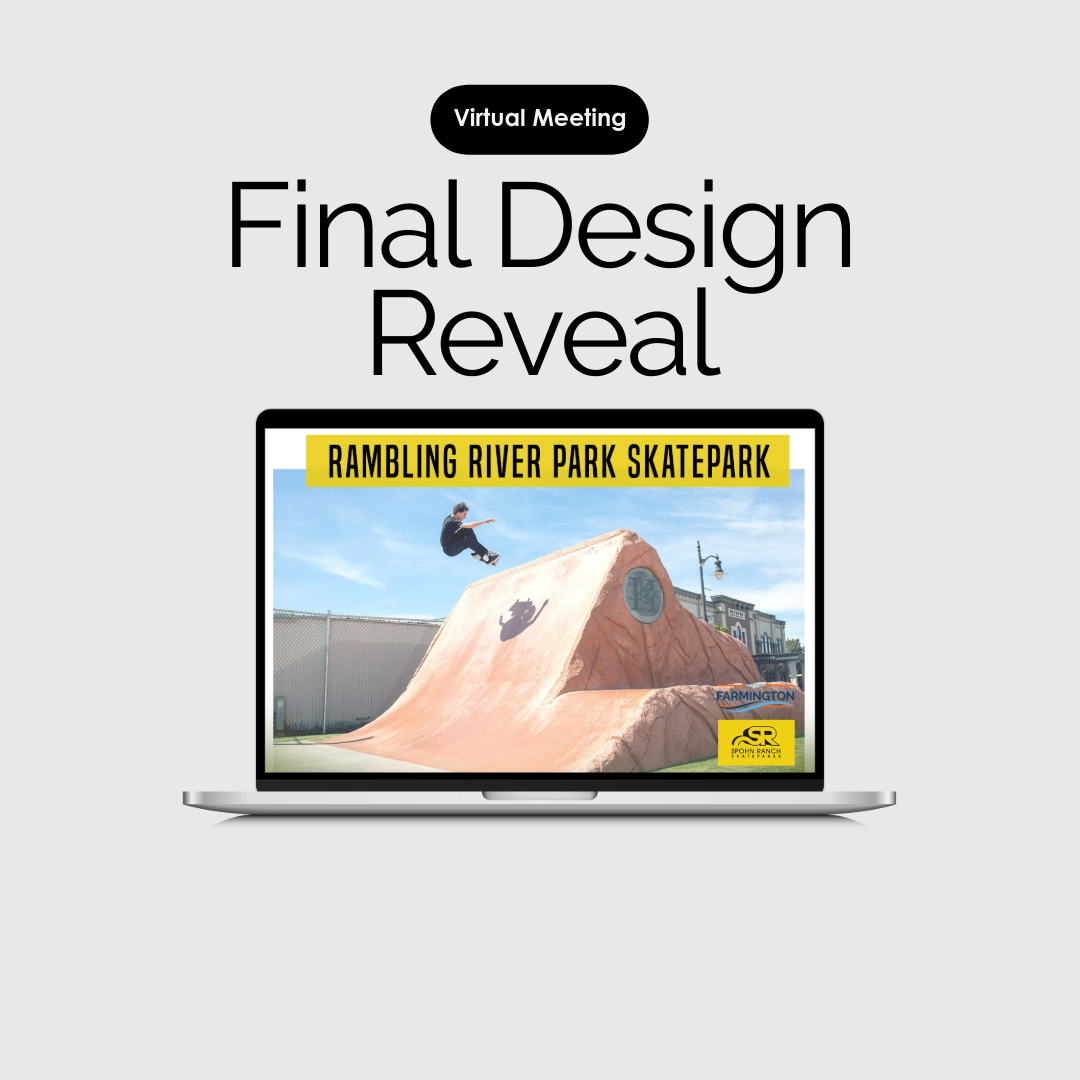 Skatepark Final Design Reveal with image of skateboarder on a computer screen