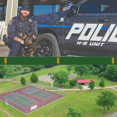 K9 Officer Smoke with Officer Hagfors in front of Farmington Liquors with Rambling River Park aerial