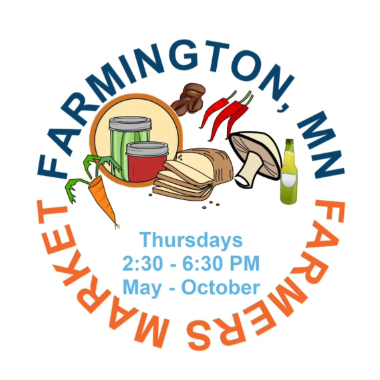 Farmington Farmers Market logo with food items encircled by Farmington, MN and Farmers Market