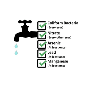 Faucet dripping with check boxes for coliform bacteria, nitrate, arsenic, lead, and manganese