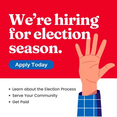 Red background with hand raised. Text 