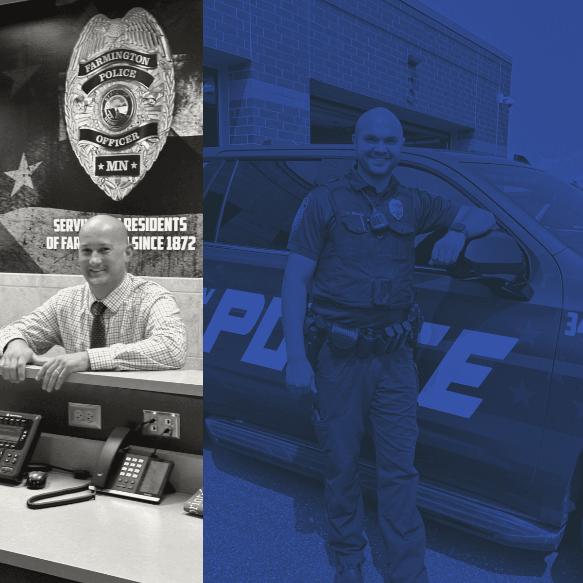 Police Department Career Transition images of an officer at the station & in front of the squad car