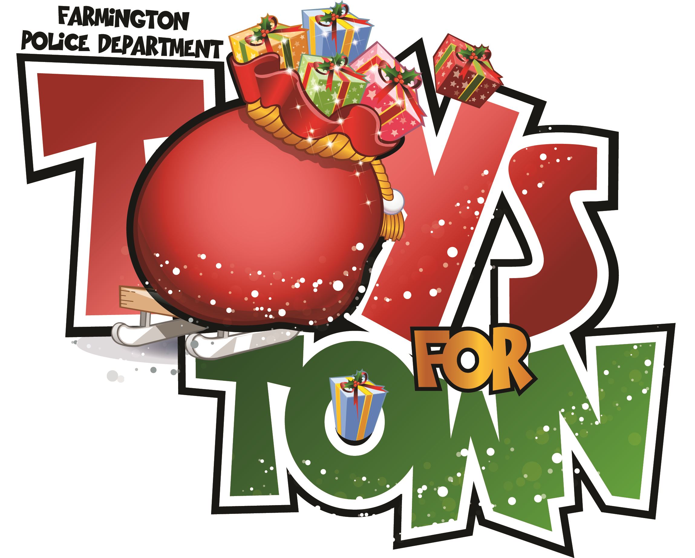 Toys for Town logo with Santa's bag and Farmington Police Department